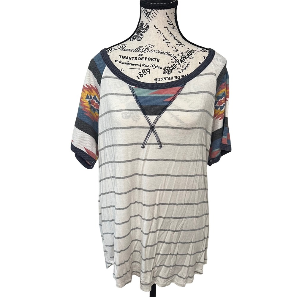 Striped Aztec T-Shirt Top‎ Short Sleeve Casual Everyday Comfort 2XL